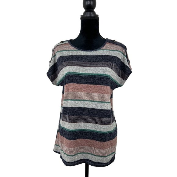 Lavish Shoulder Button Detailing Striped top keyhole back Navy, Gray, peach - Picture 1 of 10